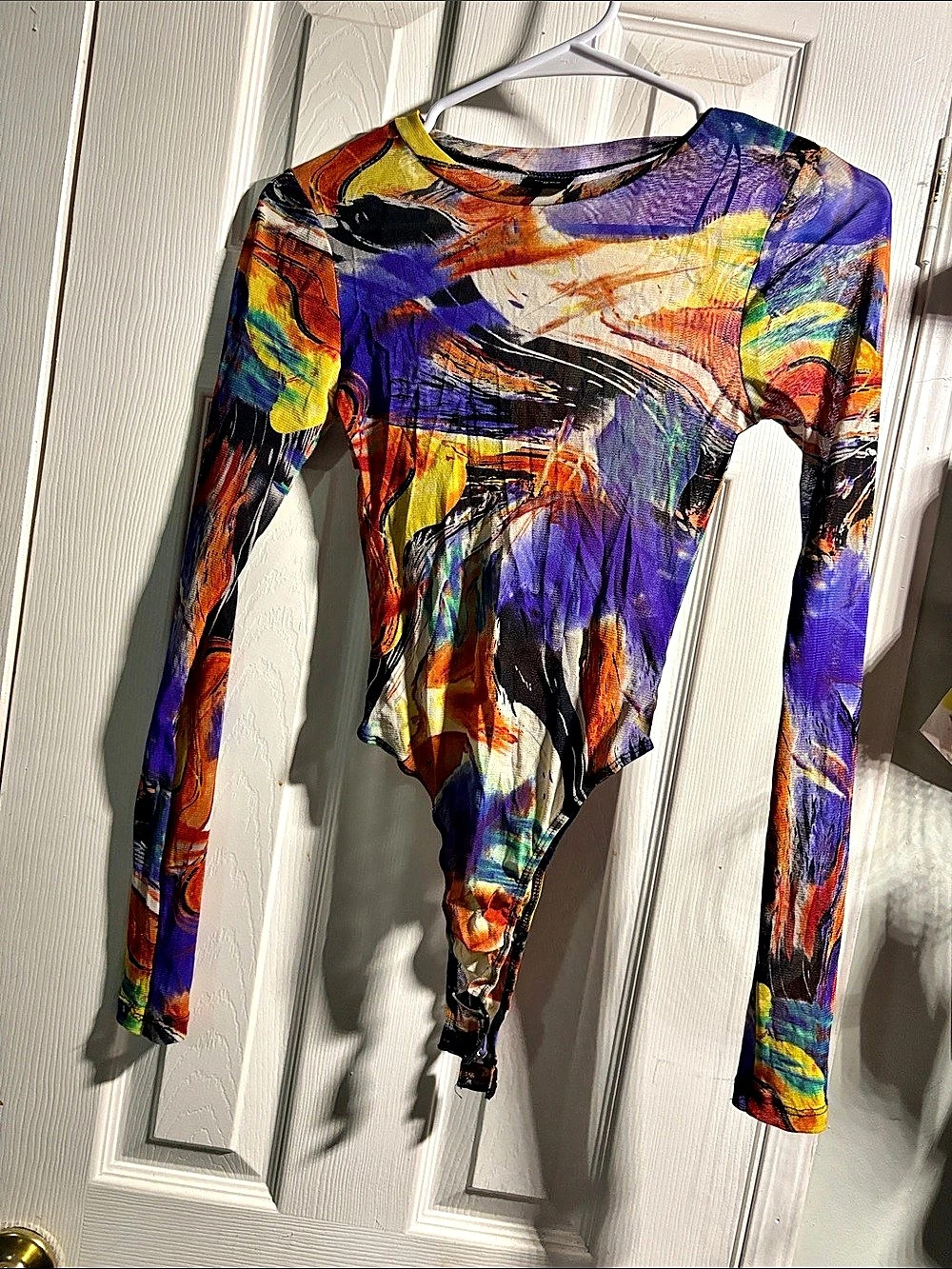 blonc clothing Abstract Long Sleeve Bodysuit in Purple & Orange Size Medium